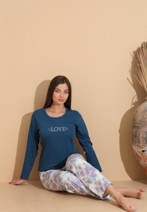 Pijama Dama „LOVE'" ,Pantaloni si Maneca Lunga,Culoare Bleumarin,Engros